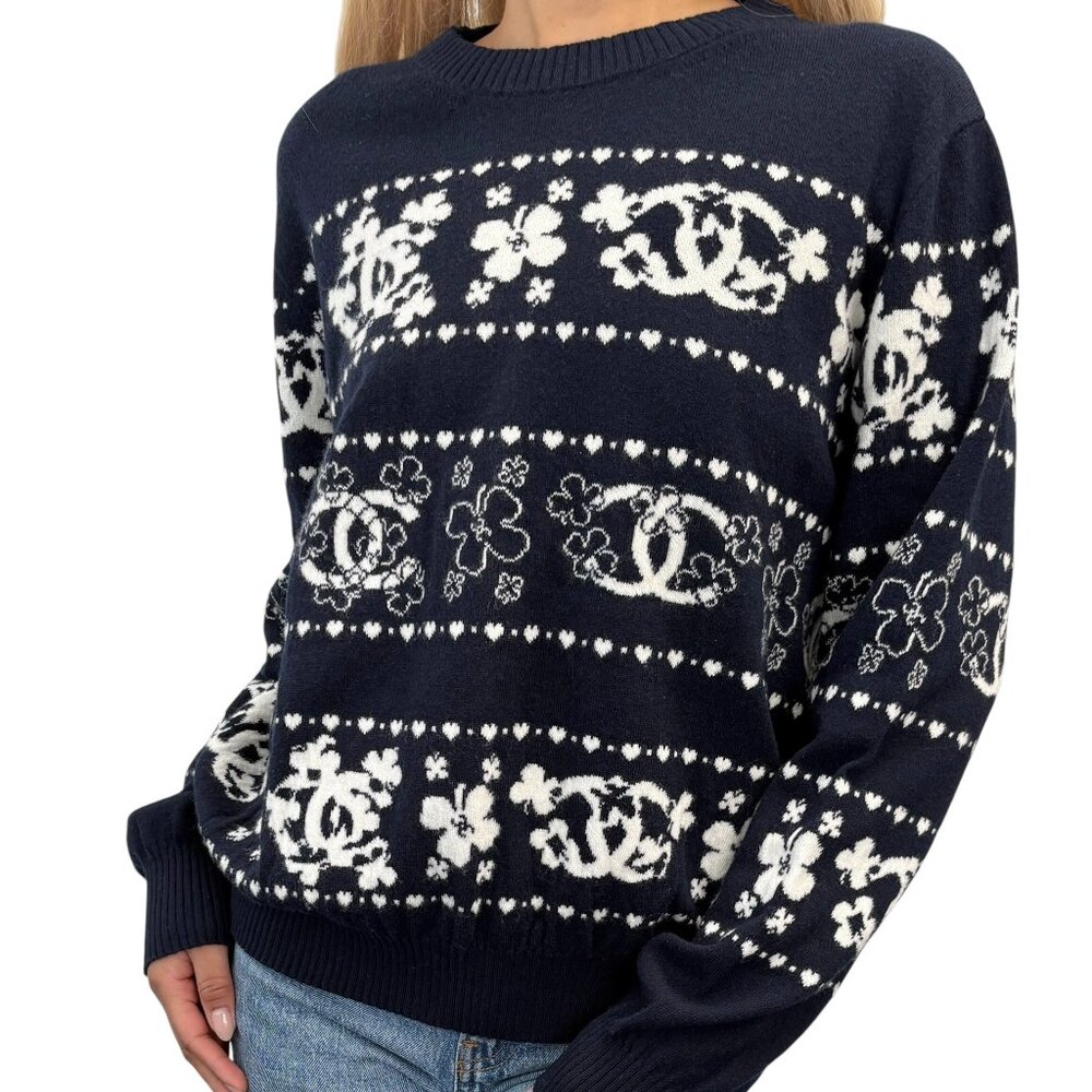 CHANEL P63037 CC Logo Cashmere Knit Sweater Top #46 Dark Blue [106289]